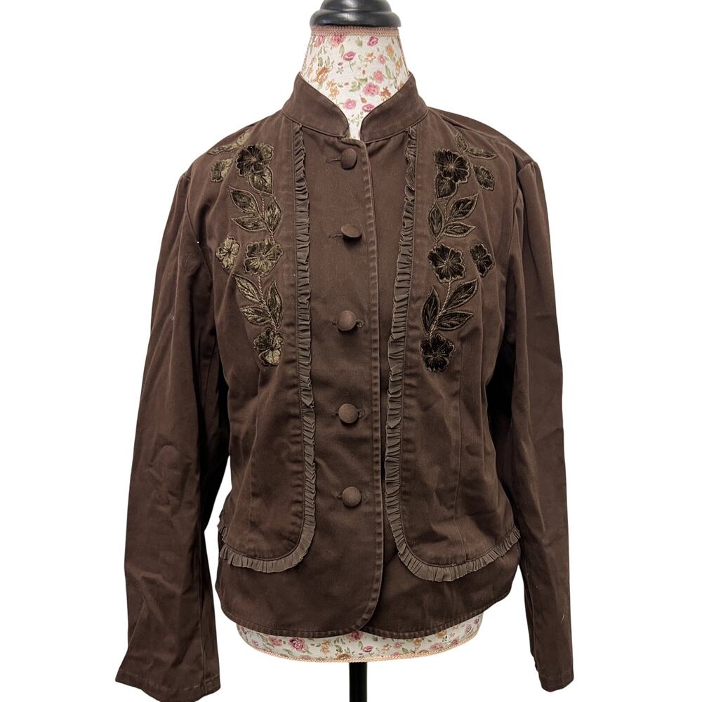 🧥 Talbots 12 Brown Embroidered Jacket Modern Prep Tailored Floral Blazer - Picture 1 of 4